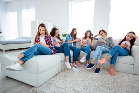 Full length body size photo beautiful she her six diversity ladies family roommates sisters look...
