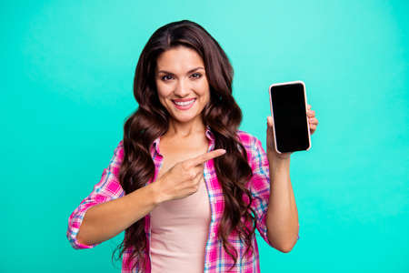 Close up photo beautiful wavy she her lady indicate smart phone new model telephone excited quality...