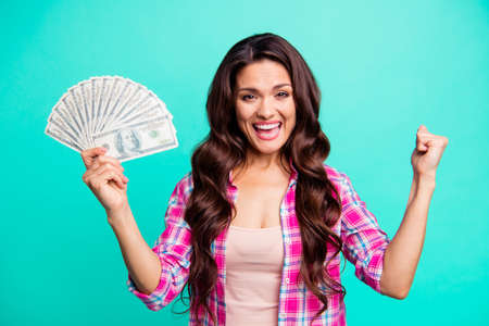 Close up photo beautiful she her lady hands arms hold fan bucks money look glad scream shout yell...