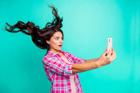 Close up photo amazing beautiful she her lady hairstyle flight look smart phone unbelievable...