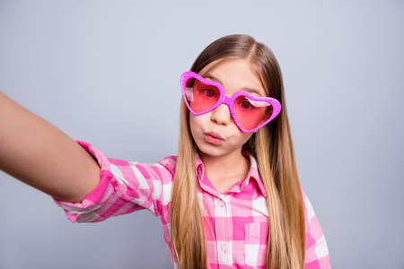 Close up photo blond haired she her little lady weekend holiday mood make take selfies send air...