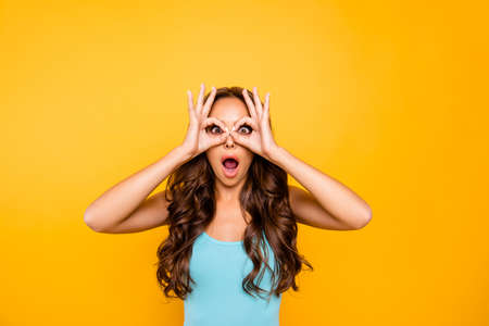 Close up photo amazing beautiful her she funky lady hands arms okey symbol near eyes unbelievable...