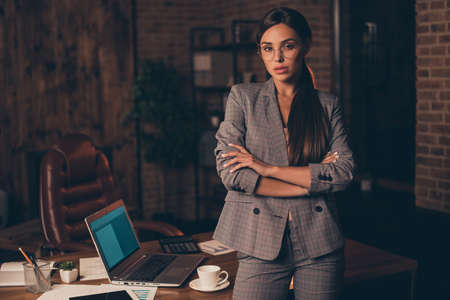 Close up photo beautiful she her business lady long hair chief friendly self-confident little coffee...