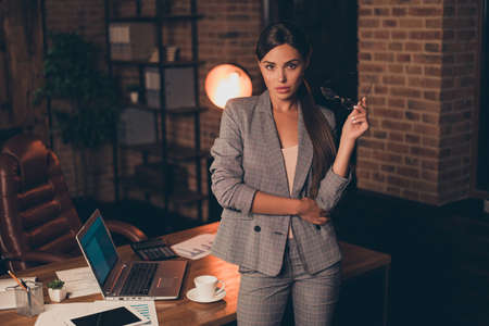 Close up photo beautiful she her business lady long hair chief friendly self-confident little coffee...