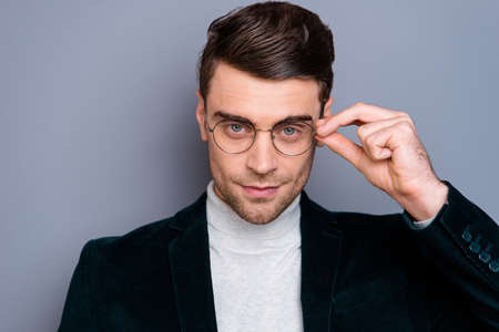 Close-up portrait of his he nice cute handsome attractive smart clever candid guy wearing velveteen...