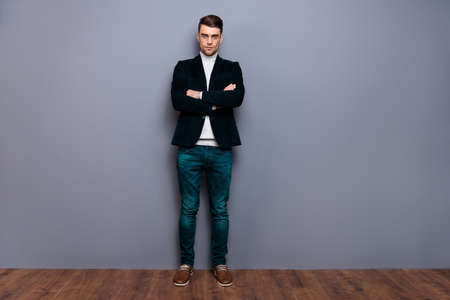 Full length body size view portrait of his he nice handsome attractive smart candid guy wearing velveteen blazer folded arms near gray violet purple pastel background wallの写真素材