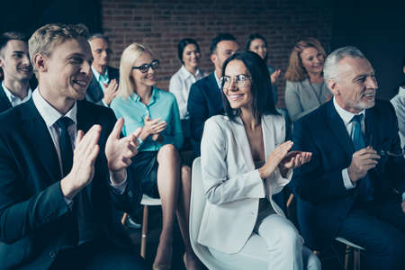 Portrait of nice cheerful beautiful handsome elegant classy chic stylish trendy executive managers...