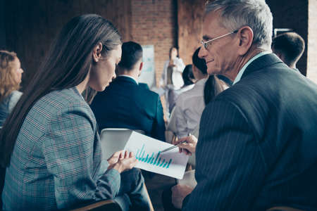 Profile side view of nice elegant stylish sharks discussing report strategy agent broker top management planning sales department corporate conference at industrial loft interior work place spaceの写真素材