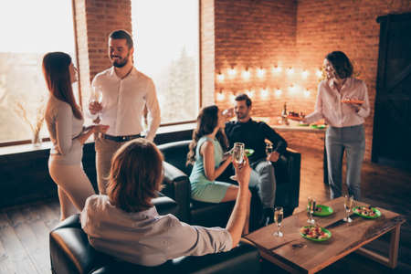 Close up photo birthday friendly event company buddies hang out communicate she her ladies he him...