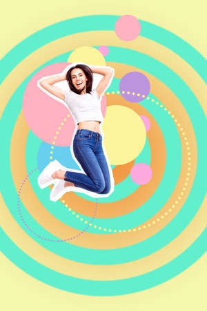 Full length body size portrait cute she her lady flying mixed cut out insert into different yellow...