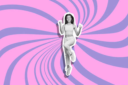 Full length body size portrait funky she her lady flying in air mixed into grey paint illustration...