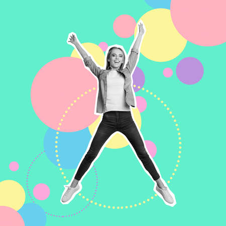 Full length body size portrait nice cute cool funky cheerful she her lady flying in air mixed into...