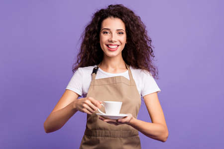 Close up photo amazing beautiful her she lady cafeteria hold hands arms glass cup hot fresh beverage...