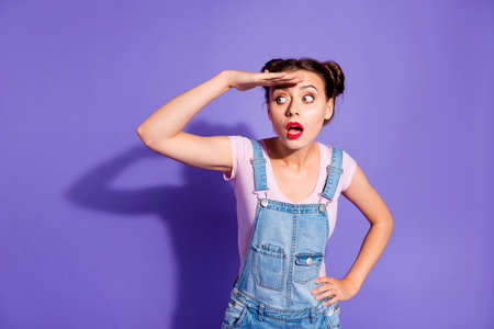 Close up photo beautiful amazing yell she her lady buns look side empty space wondered sight wait...