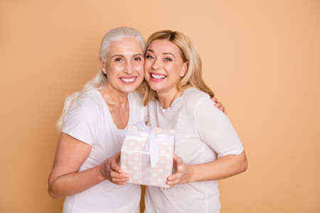 Close up photo of charming cute adults feel glad rejoice have anniversary send get giftbox 8-march...