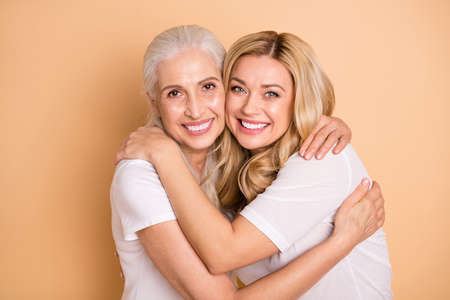 Close-up portrait of nice sweet lovely attractive charming cheerful cheery dreamy ladies wearing...