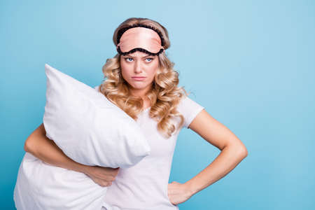 Close up photo beautiful negative her she lady hands arms palms hold cuddle big large pillow not...