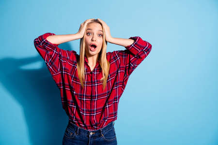Portrait of horrified teenager teen astonished impressed by horrible information scream yell shout...