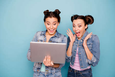 Portrait of funny impressed social media marketing workers fellows achieve shout moving hands near...