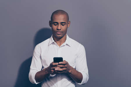 Close up photo amazing beautiful dark skin he him his macho perfect appearance telephone smart phone...