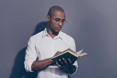 Close up photo amazing stunning dark skin he him his macho arms hands hold paper diary planner...