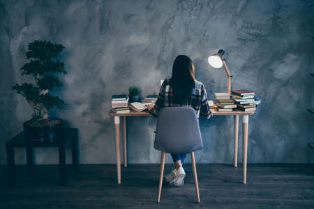 Rear back behind view of nice attractive brunette lady in checked shirt making finance company plan review report pile stack at industrial loft style interior work place station indoorsの写真素材