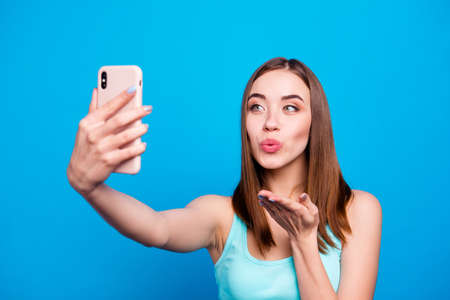 Close up photo beautiful amazing she her lady hold hands arms telephone make take selfies send air...