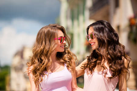 Close up photo of cute pretty lovely best students person millennial hairstyle have free time look wear colorful specs travel feel satisfied glad trip long hair spring town dressed pink outfit.の写真素材
