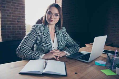 Close up photo beautiful she her business lady use user modern technology friendly look candidate...