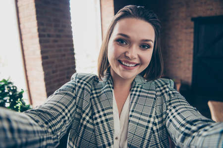Close up photo beautiful amazing she her business lady make take selfies discuss communicate...