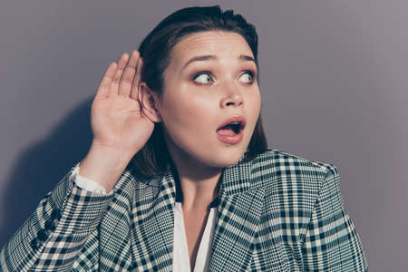 Close up photo picture portrait of curious amazed astonished in stupor surprised she her lady...