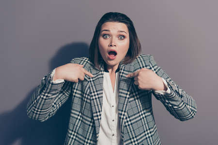 Close up photo portrait of amazed shocked facial emotional expression she her lady pointing at...