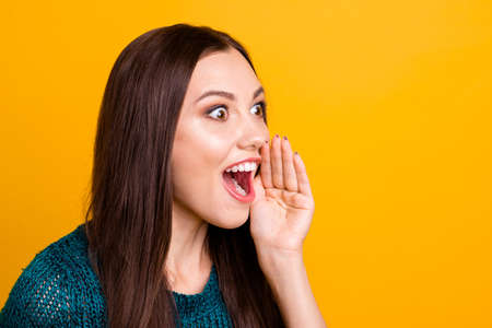 Close up side profile photo beautiful her she lady open mouth hands arms palms help spread information novelty chatterbox wear jeans denim green knitted pullover jumper isolated yellow backgroundの写真素材