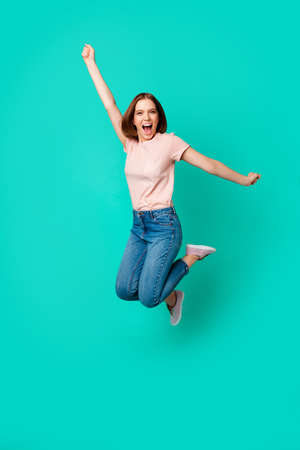 Full length body size photo beautiful amazing her she lady jumping high yell unexpected unbelievable...
