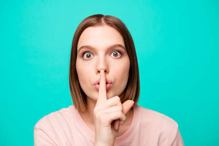 Close up photo beautiful amazing her she lady arm hand palm finger near mouth chatterbox stop...