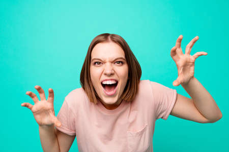 Wild animal image concept halloween party celebration. Portrait of cute careless lady scream shout...