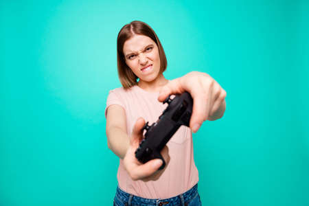 Close up photo beautiful amazing her she lady rage outraged hands arms use play joystick game out of...