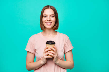 Close up photo beautiful amazing her she lady cute hold arm paper hot coffee take away made best way...