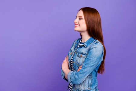 Profile side view portrait of her she nice-looking attractive charming cute winsome lovely cheerful...