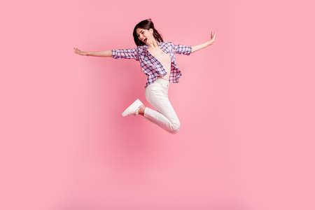Full length side profile body size photo yell amazing beautiful her she lady jump high sporty...
