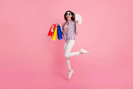 Full length side profile body size photo beautiful her she lady jump high just left shop packs...