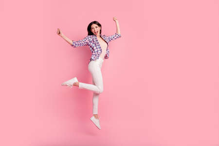 Full length side profile body size photo funny beautiful her she lady jump high holiday fists raised...