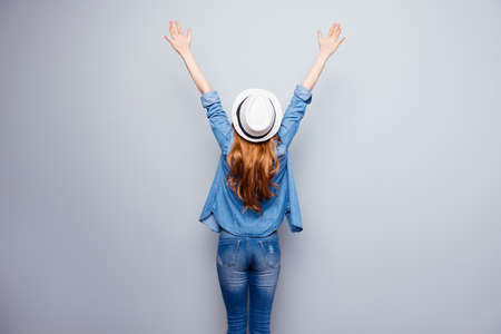 Close up photo beautiful  lady   wear casual blue jeans denim shirt isolated grey backgroundの写真素材