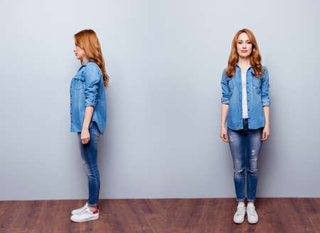woman wearing casual blue jeans denim shirt isolated grey backgroundの写真素材