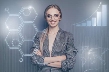 Close up virtual effect design stylized graphic poster photo confident  business lady social marketing futuristic pattern wear shirt specs eyeglasses isolated grey report backgroundの写真素材