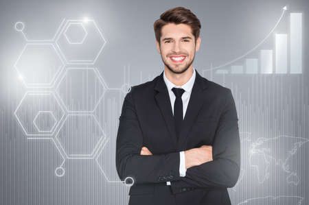 Close up mixed creative design stylized graphic virtual poster photo confident  business guy social marketing futuristic pattern wear white shirt crossing hands isolated grey backgroundの写真素材