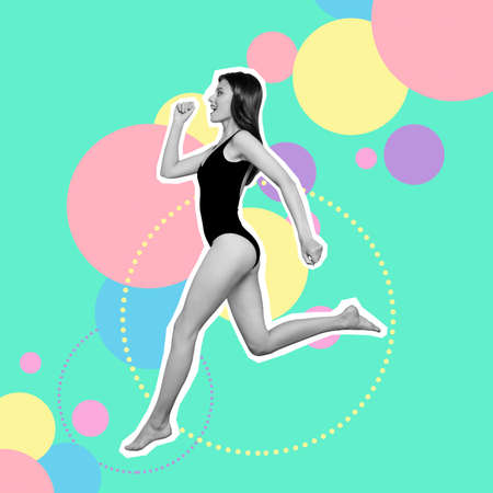 Full length body size side profile portrait funky   lady flying air mixed into grey paint illustration sport life placard fit now idea isolated colored green pink yellow blue drawing backgroundの写真素材