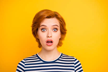 Close up photo beautiful amazing she her lady oh no eyes mouth widely opened unexpected news wearing...