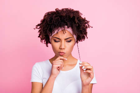 Close-up portrait of her she nice-looking charming cute shine attractive lovely disappointed...