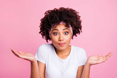 Close up photo beautiful amazing she her dark skin lady raised arms hands palms show it is not my...